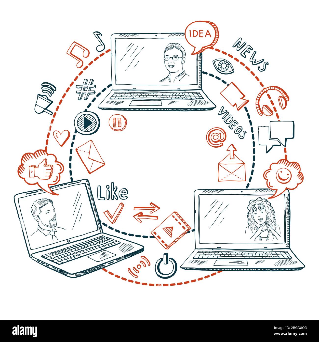 Comunicazione di social network. Condividere informazioni tra persone aziendali Illustrazione Vettoriale