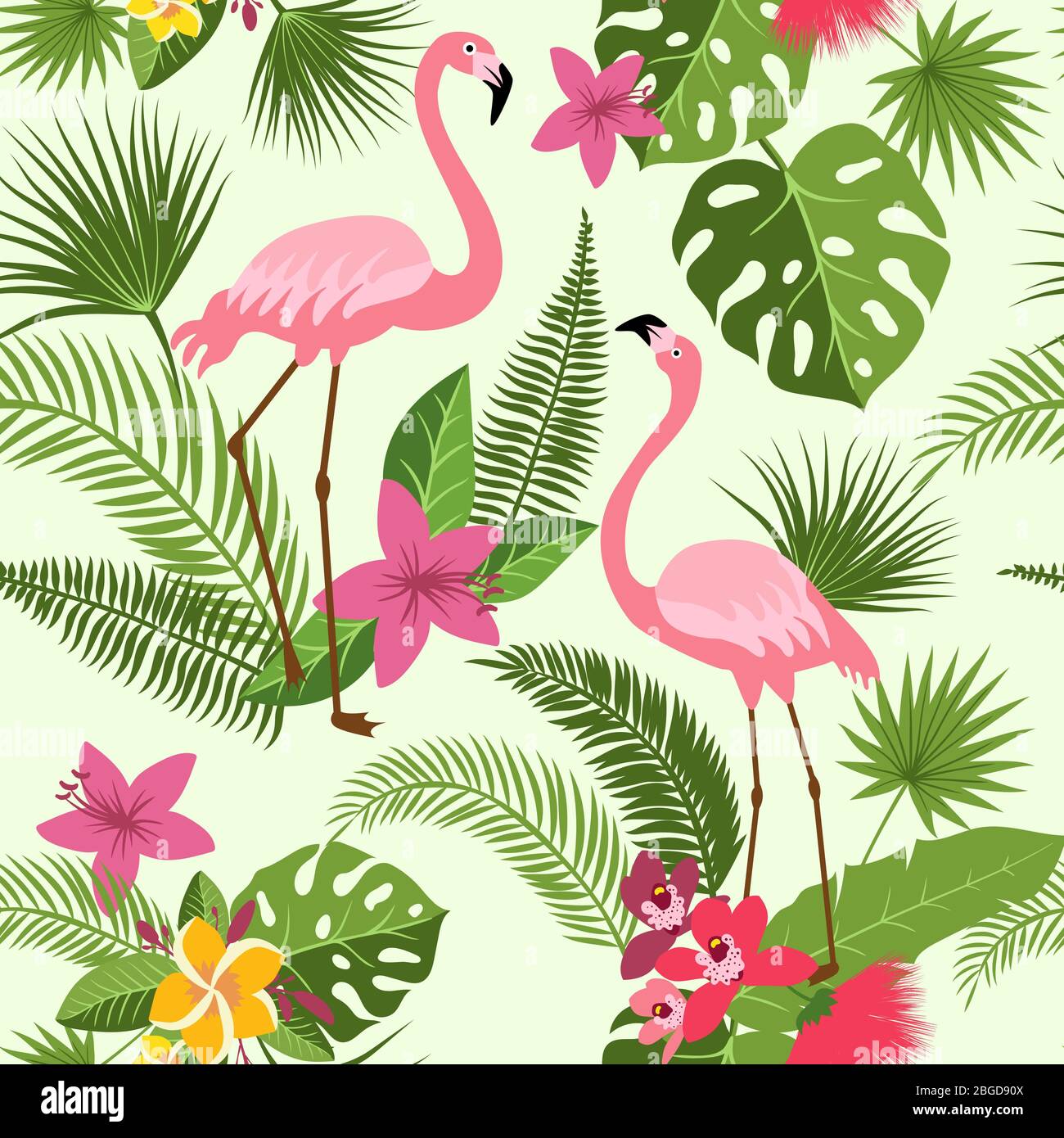 Pattern Vector senza cuciture con fenicottero, fiori tropicali e palme. Estate hawaiano sfondo Illustrazione Vettoriale