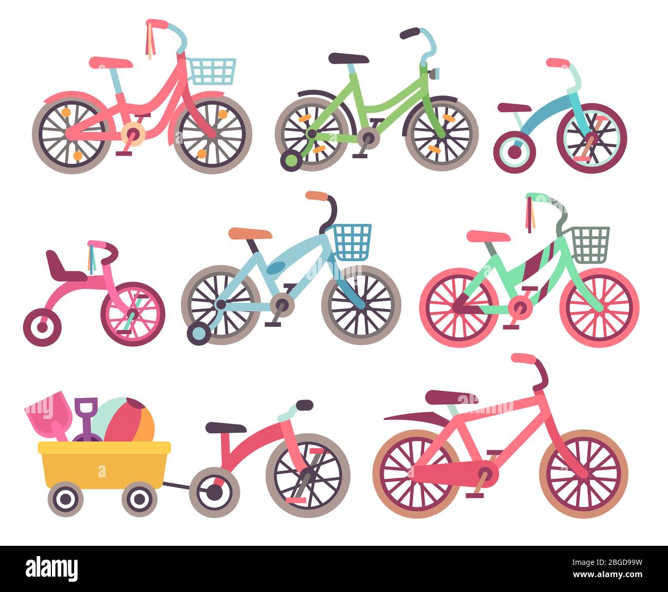 Set vettoriale biciclette per bambini. Collezione di biciclette per bambini. Illustrazione del triciclo e della bici per bambini Illustrazione Vettoriale