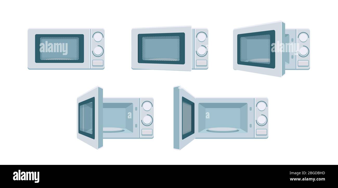 Moderno set di microonde pronto per l'animazione. Il forno aperto e chiuso si pone nella vista frontale. Grado di apertura stufa da cucina, apparecchio da cucina vettoriale. Illustrazione del concetto digitale isolata su sfondo bianco Illustrazione Vettoriale