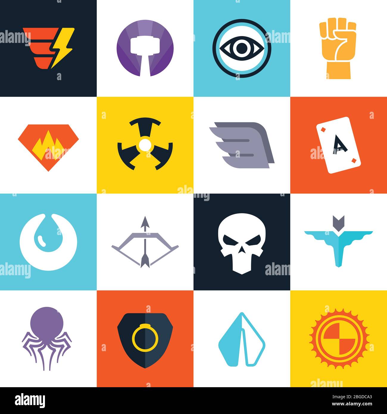 Badge vettoriali supereroi con armi super. Collezione di simboli dei supereroi. Illustrazione del badge e dell'icona del simbolo del supereroe Illustrazione Vettoriale
