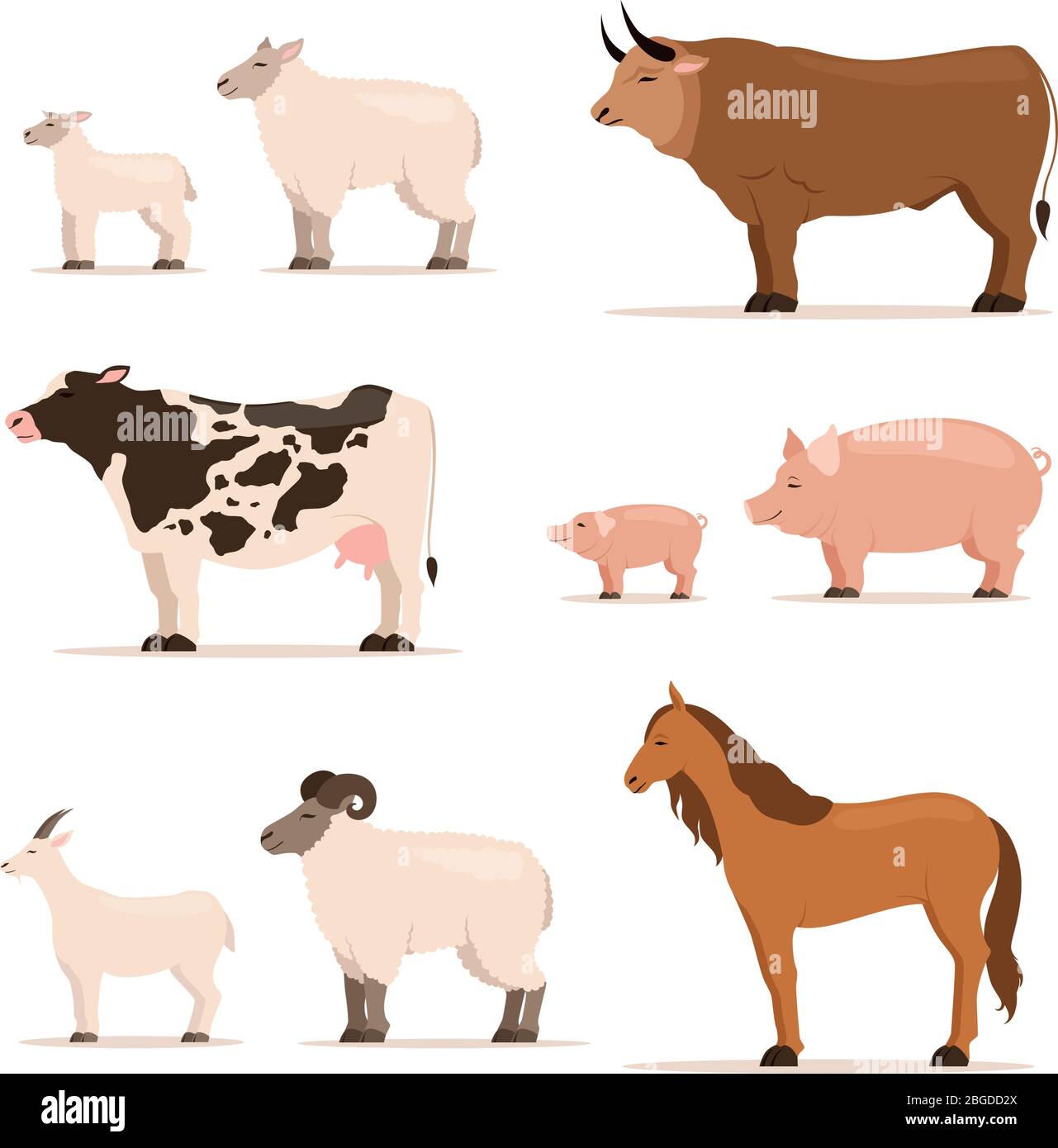 Animali in fattoria. Agnello, maialino, mucca e pecora, capra. Illustrazioni vettoriali in stile cartoon Illustrazione Vettoriale