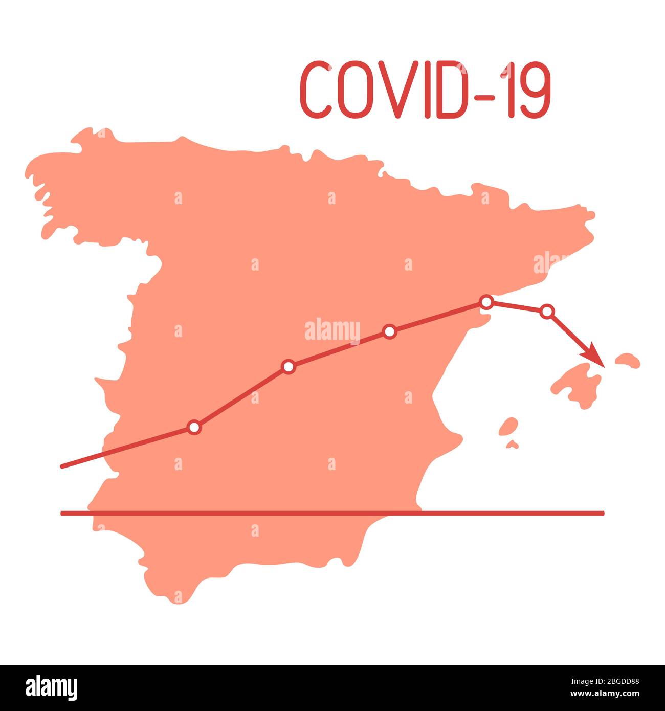 Illustrazione vettoriale Spagna mappa programma riduzione brusca goccia di malati Covid-19 sconfiggere coronavirus senza nuove infezioni Stop Pandemic 2019-nCoV Illustrazione Vettoriale