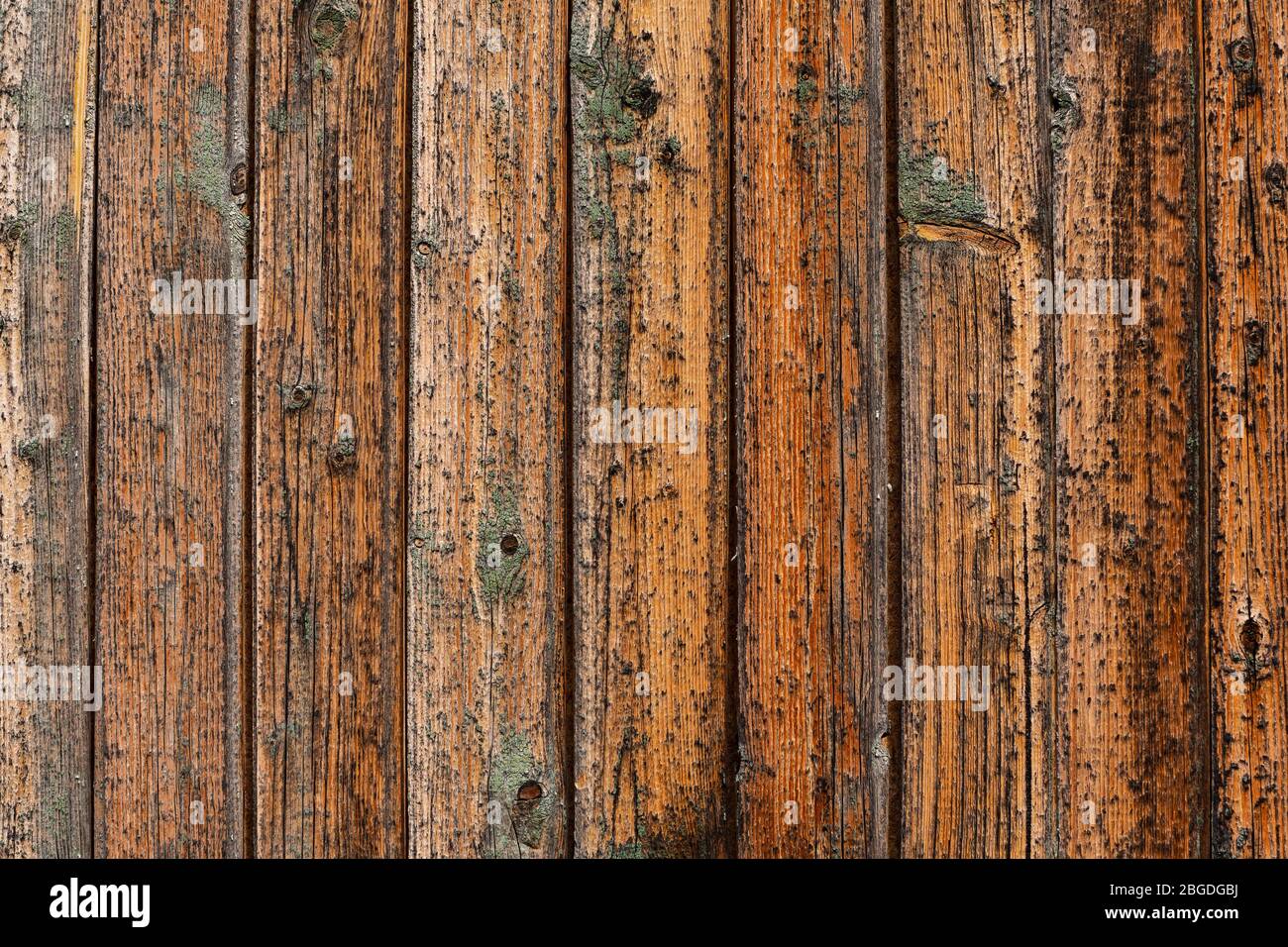 Primo piano verticale di vecchio muro di legno, sfondo di legno marrone, recinzione o pannelli di pavimento. Sfondo e carta da parati con texture in legno Foto Stock