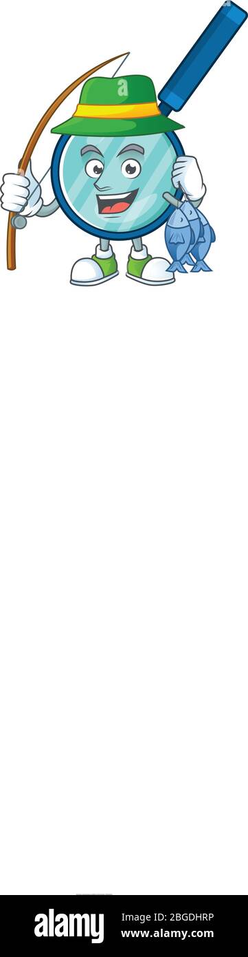 Un'immagine di ingrandimento disegno mascotte pescatore cattura un pesce Illustrazione Vettoriale