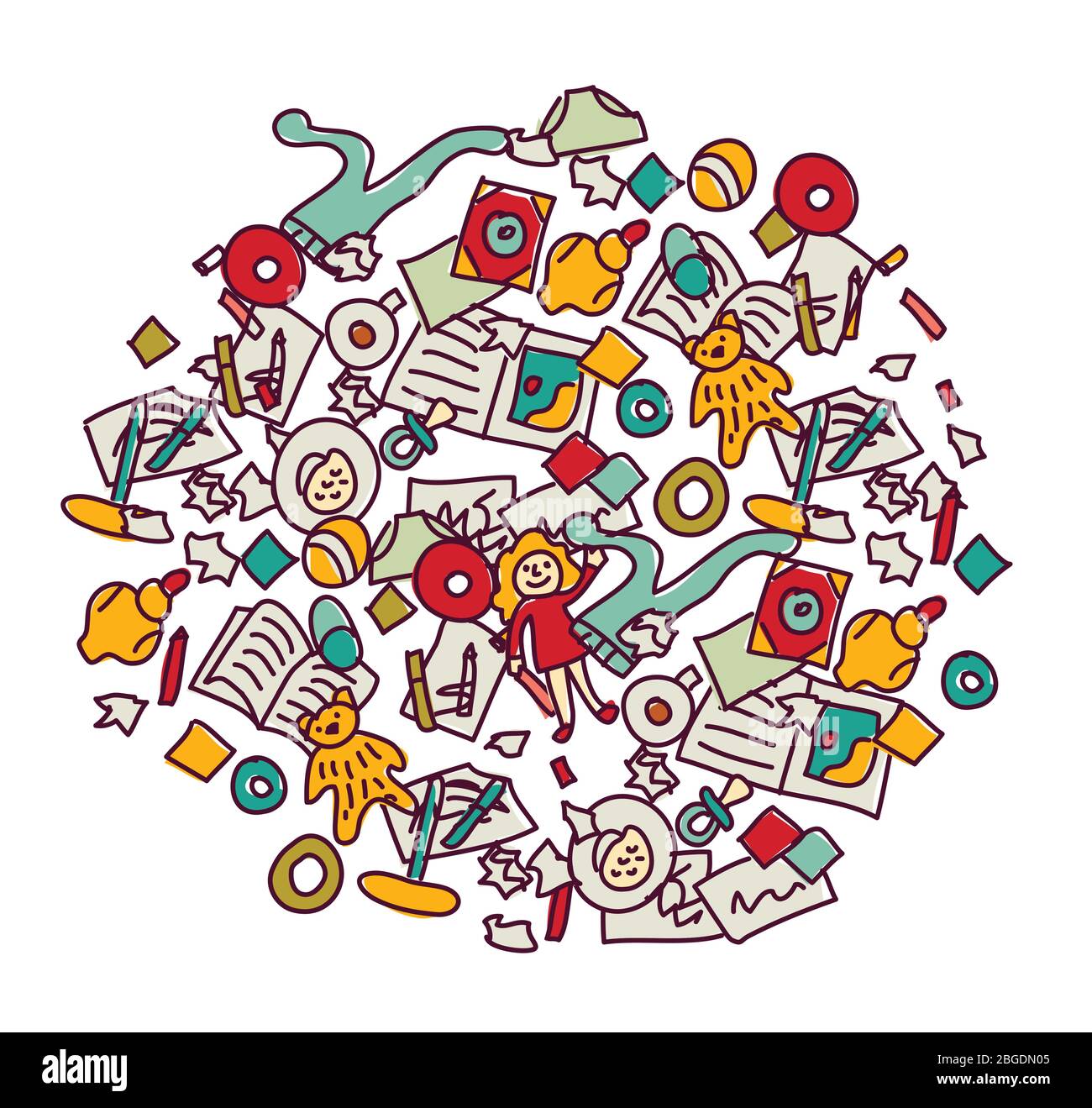 Pavimento con giocattoli per bambini pasticcio su bianco Illustrazione Vettoriale