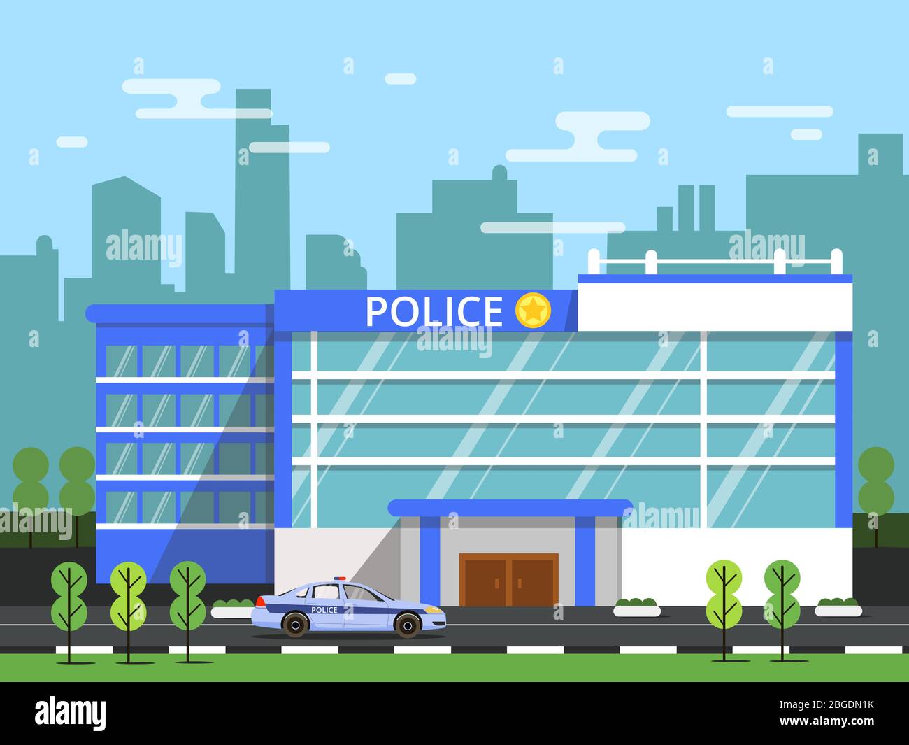 Polizia o servizio di sicurezza. Esterno dell'edificio comunale. Illustrazione vettoriale in stile piatto Illustrazione Vettoriale
