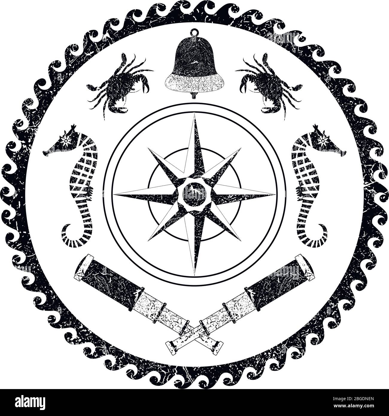 Poster bianco e nero cerchio marino. Stile cartone animato Illustrazione Vettoriale