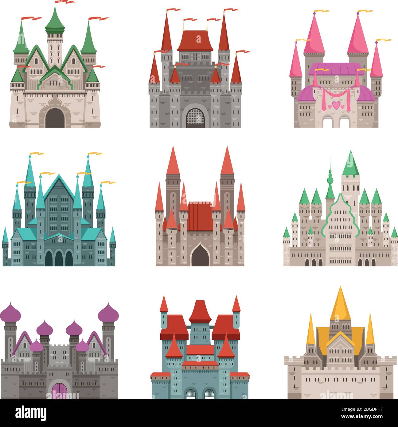 Castelli medievali da favola o palazzi con torri. Immagini vettoriali in stile cartoon Illustrazione Vettoriale