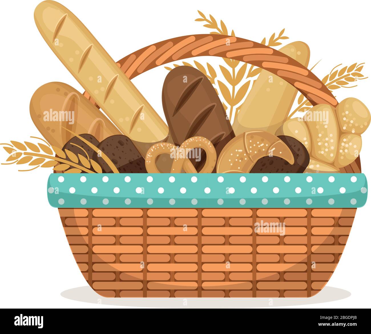 Illustrazione vettoriale per panetteria. Cestino con grano e pane fresco Illustrazione Vettoriale