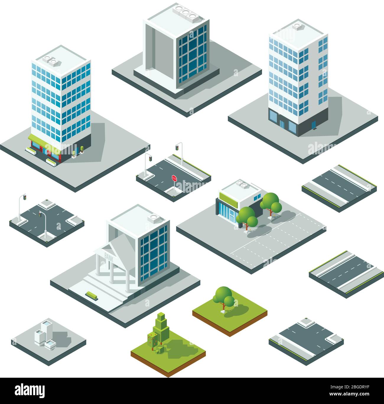 Insieme di elementi isometrici di design del paesaggio urbano. Costruttore 3D Illustrazione Vettoriale