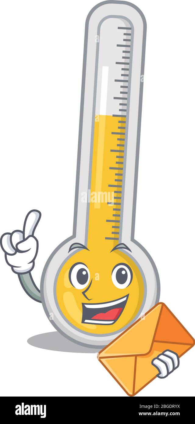 Happy caldo termometro mascotte design con busta marrone Illustrazione Vettoriale