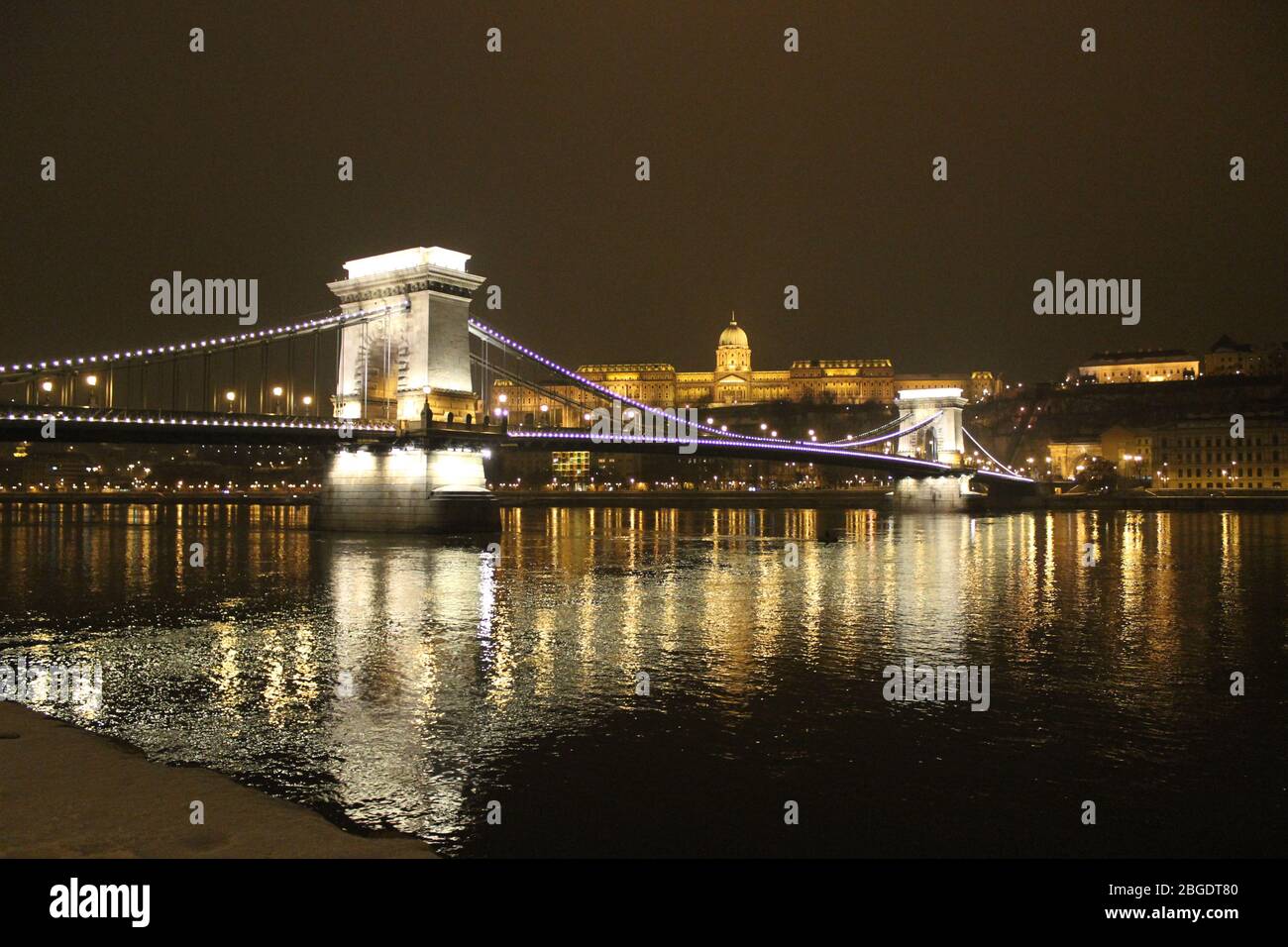 Ponte Elisabetta con Castello di Buda sullo sfondo - Foto di Notte Foto Stock