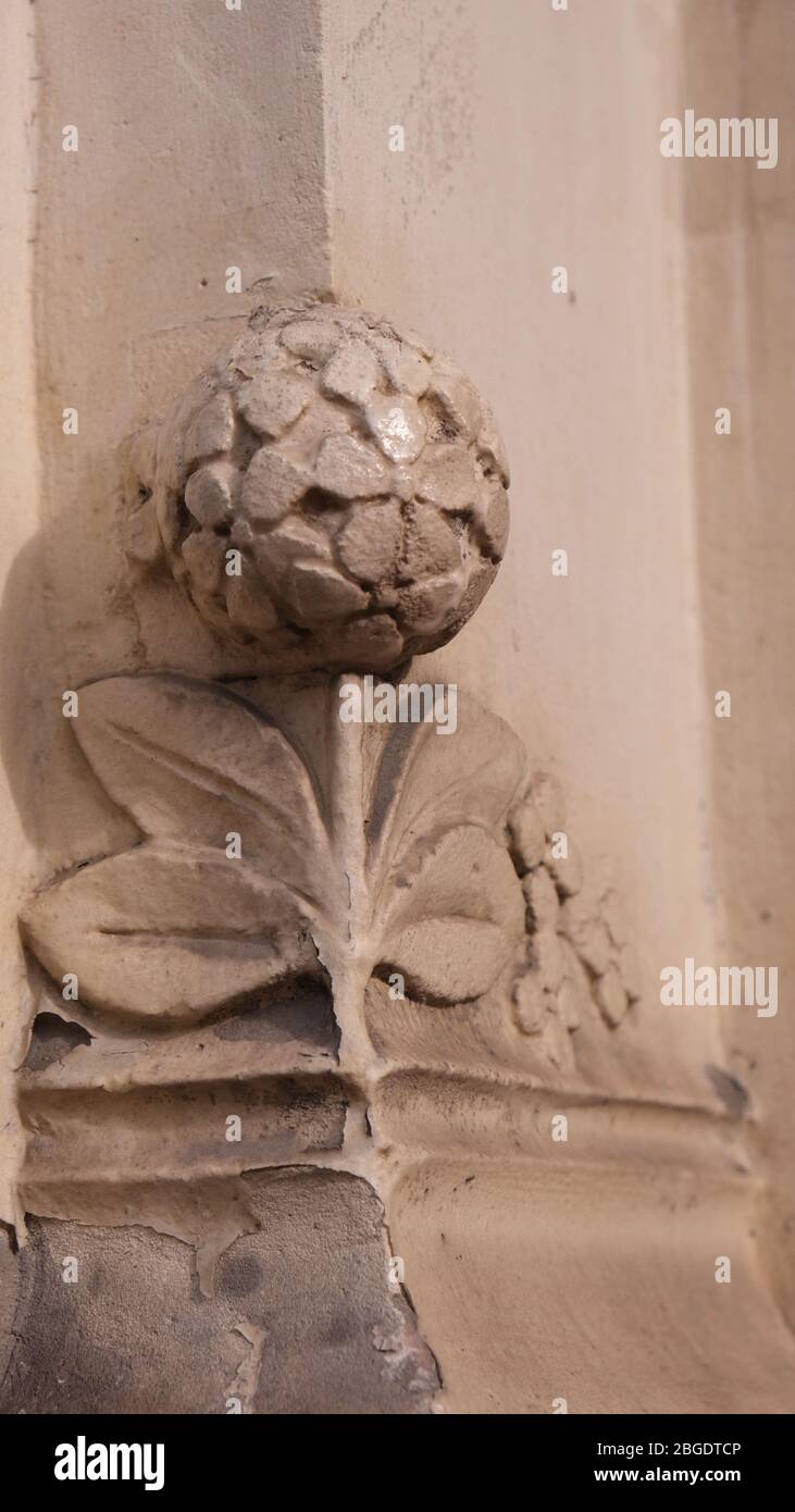 Dettagli decorativi floreali sul lato dell'edificio Foto Stock