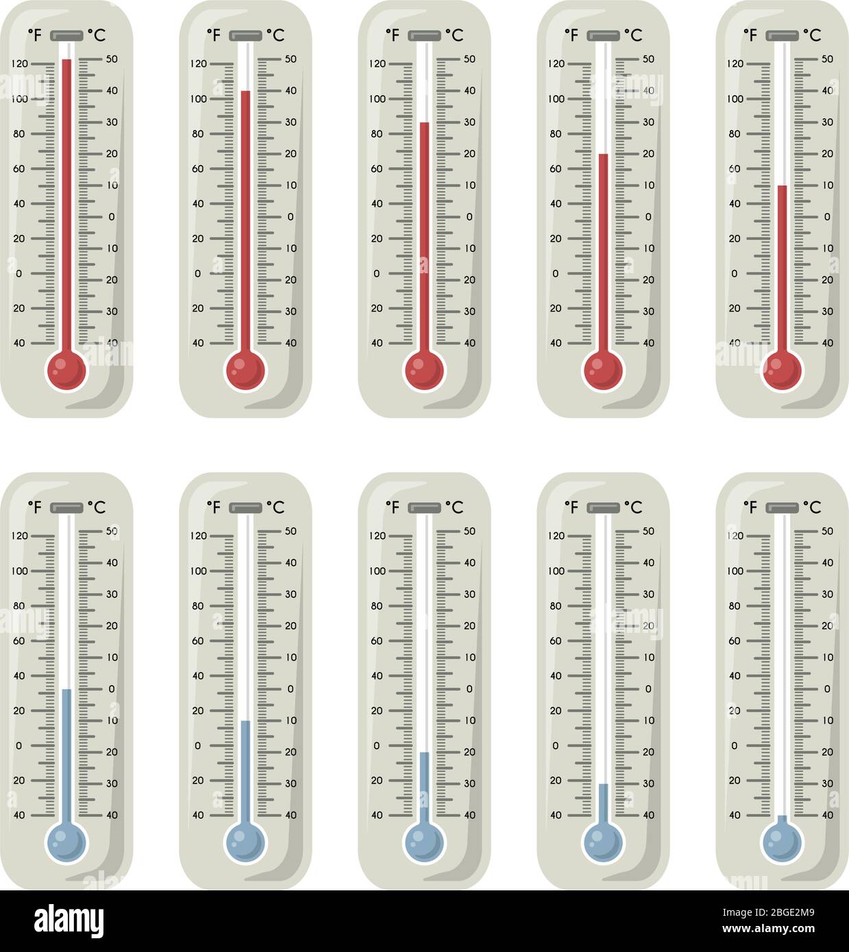 Termometri con temperatura diversa su di essi. Set di illustrazioni vettoriali Illustrazione Vettoriale