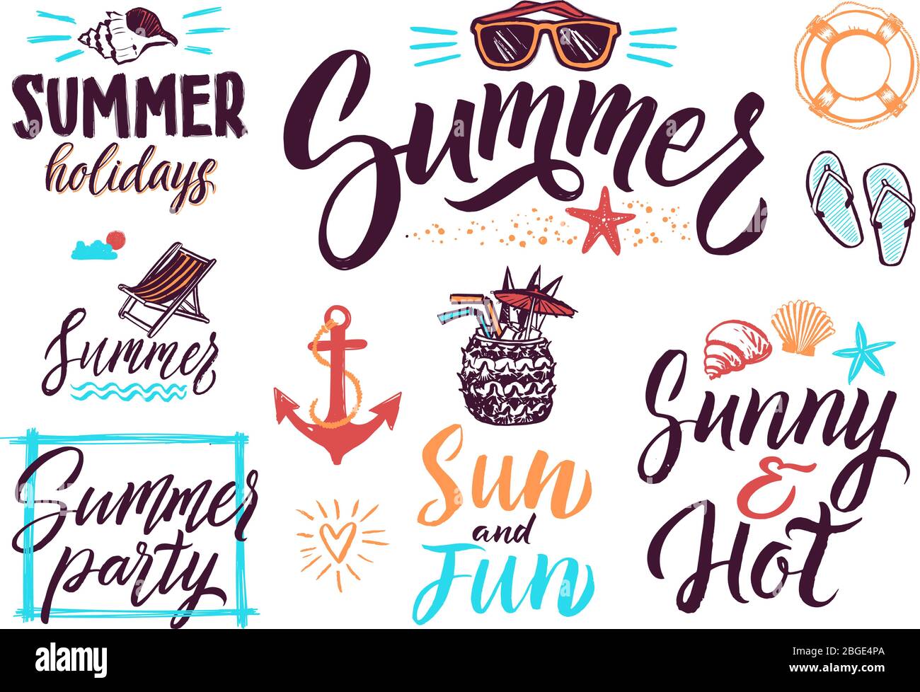 Decorazione di caratteri tipografici estivi per poster o cartoline d'epoca. Set di immagini vettoriali di sfondo Illustrazione Vettoriale
