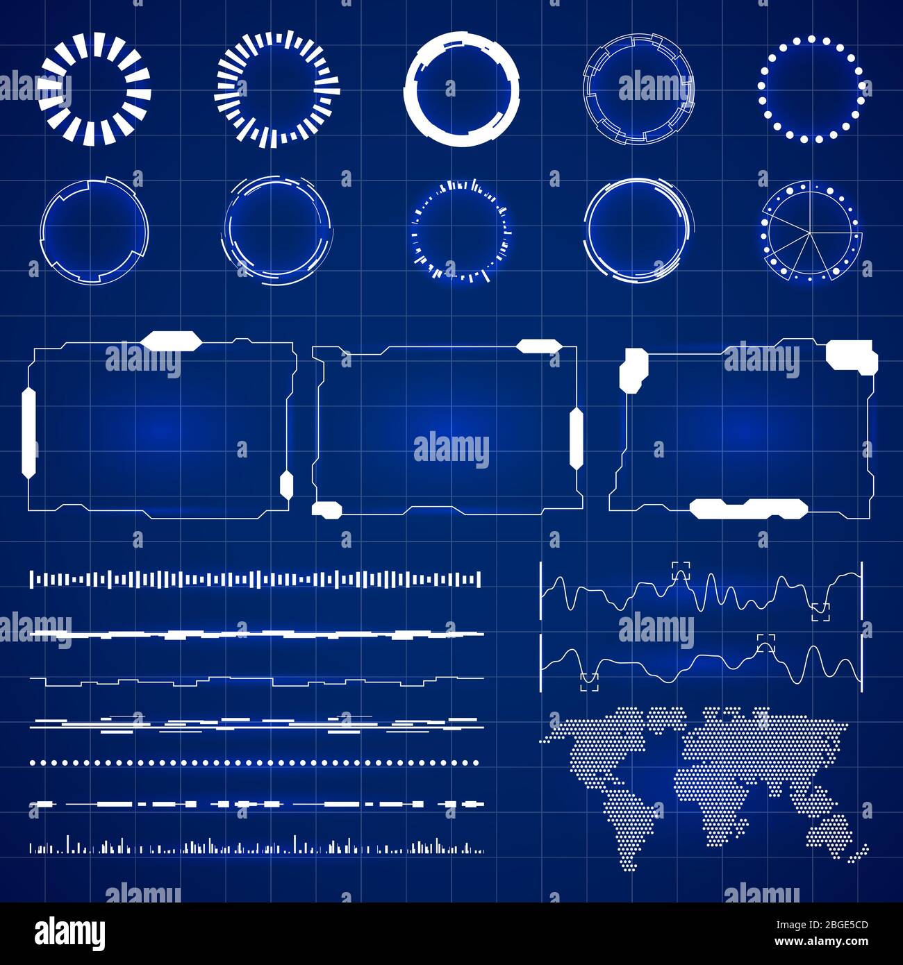 Interfaccia hud futuristica sci. Schermo di tecnologia moderna con pannelli di illustrazione vettoriale. Pannello dello schermo digitale hightech, display del cruscotto hud Illustrazione Vettoriale