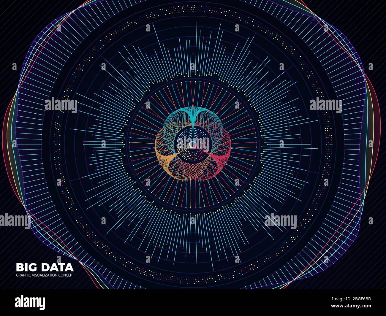 Grafica di big data, concetto di vettore di visualizzazione di sistemi aziendali complessi. Tecnologia digitale moderna. Visualizzazione delle onde codice colorato, illustrazione visiva della struttura del flusso Illustrazione Vettoriale