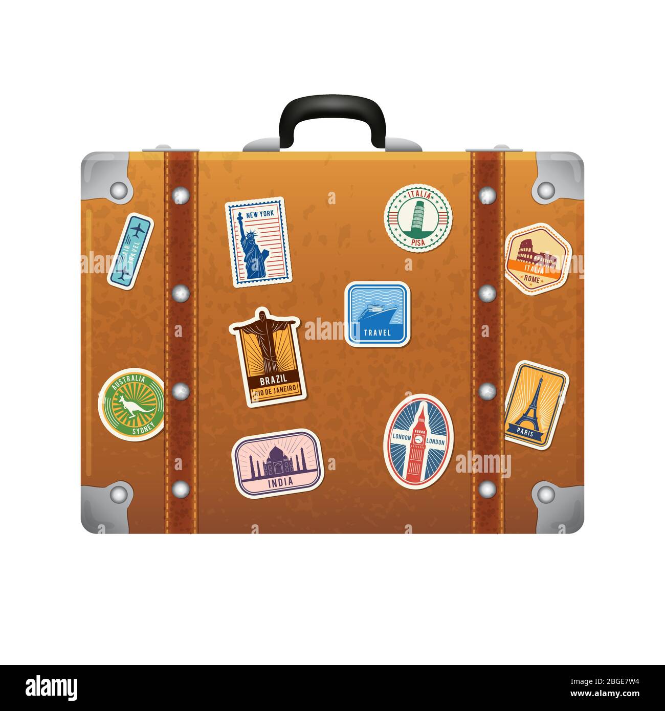 Adesivi da viaggio su valigia in pelle retrò. Set etichette vettoriali Illustrazione Vettoriale