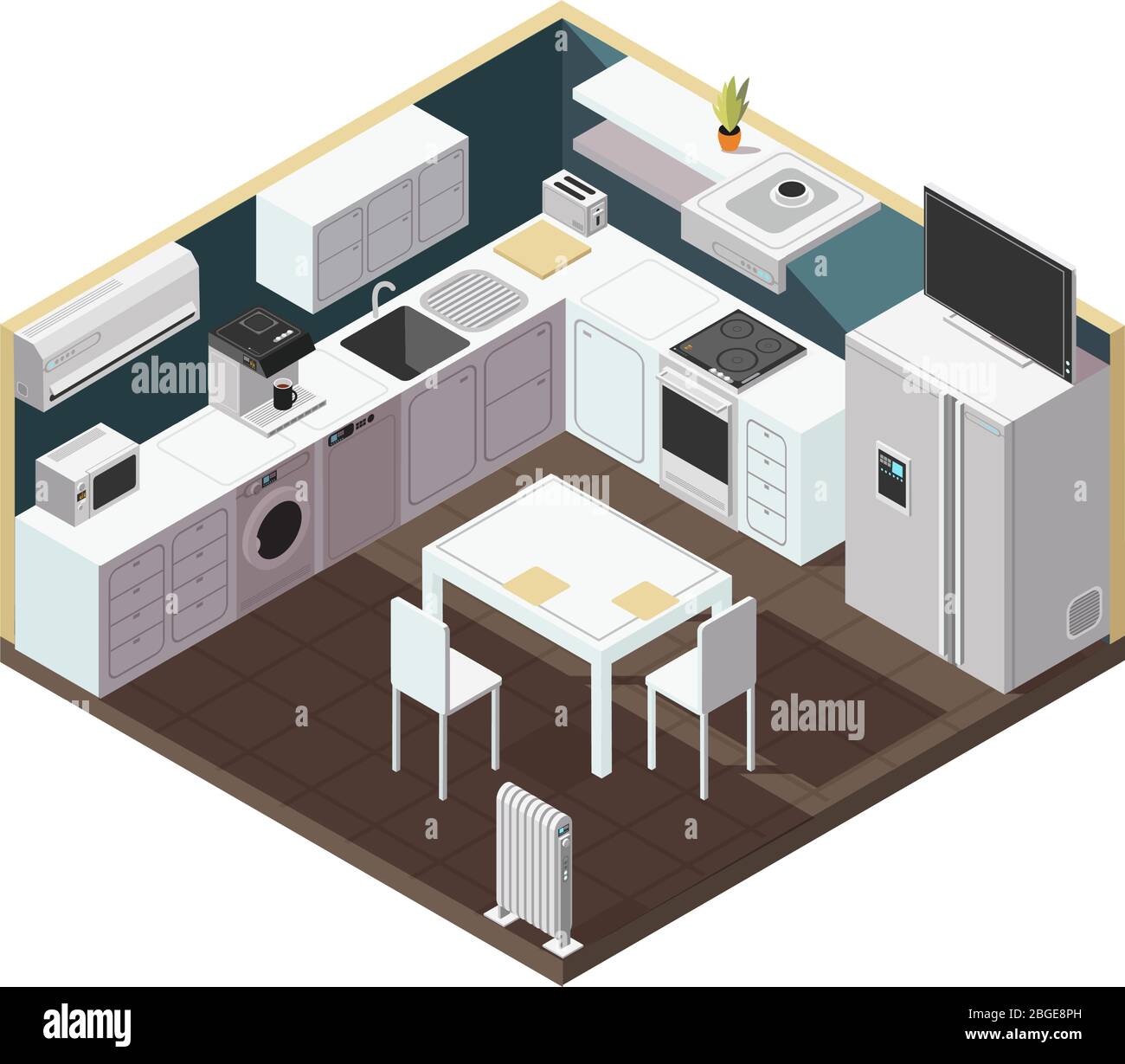 Interni isometrici 3d con illustrazione vettoriale di elettrodomestici, attrezzature e mobili. Cucina e stufa, attrezzatura isometrica per la cottura Illustrazione Vettoriale