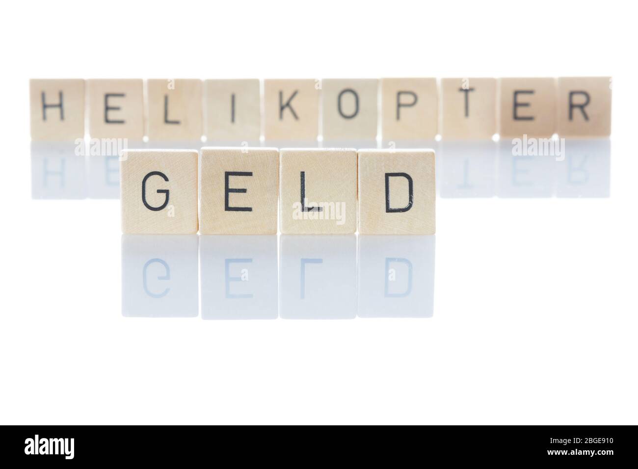 Denaro in elicottero. "Helikoptergeld" come parola isolata su sfondo bianco. Germania Foto Stock