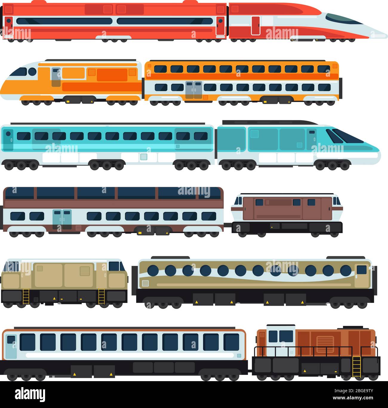 Treni e carrozze ferroviarie per passeggeri. Set trasporto ferroviario vettoriale piatto. Trasporto ferroviario ferroviario, trasporto in carrozza, trasporto in vagone illustrazione passeggeri Illustrazione Vettoriale