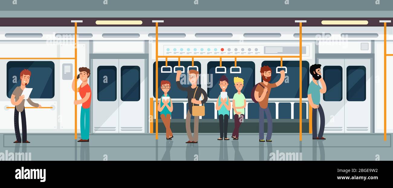 Interno moderno della carrozza per passeggeri della metropolitana con illustrazione vettoriale delle persone. Interno del treno con trasporto passeggeri Illustrazione Vettoriale
