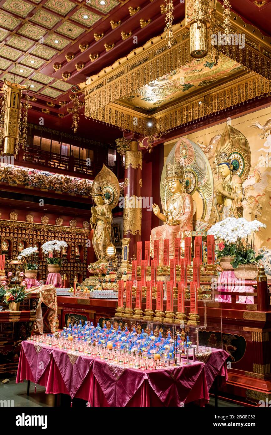 Singapore, 2019 ottobre: All'interno del Tempio Reliquico del dente del Buddha a Chinatown. Statue di Buddha d'oro e altare decorativo Foto Stock