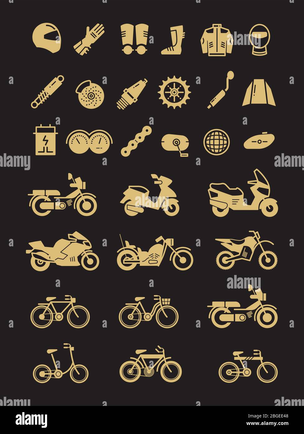 Moto da corsa, biciclette, moto parti e il trasporto vettore icone di set isolato su illustrazione nera Illustrazione Vettoriale