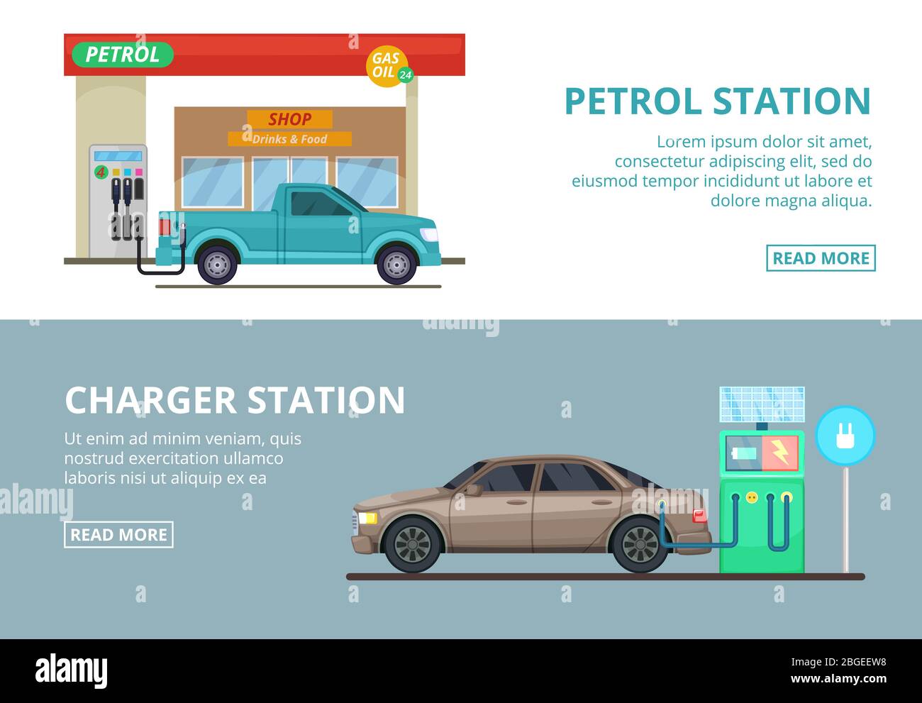 Ricarica dell'elettricità dell'automobile e stazione di benzina. Illustrazioni vettoriali in stile cartoon Illustrazione Vettoriale