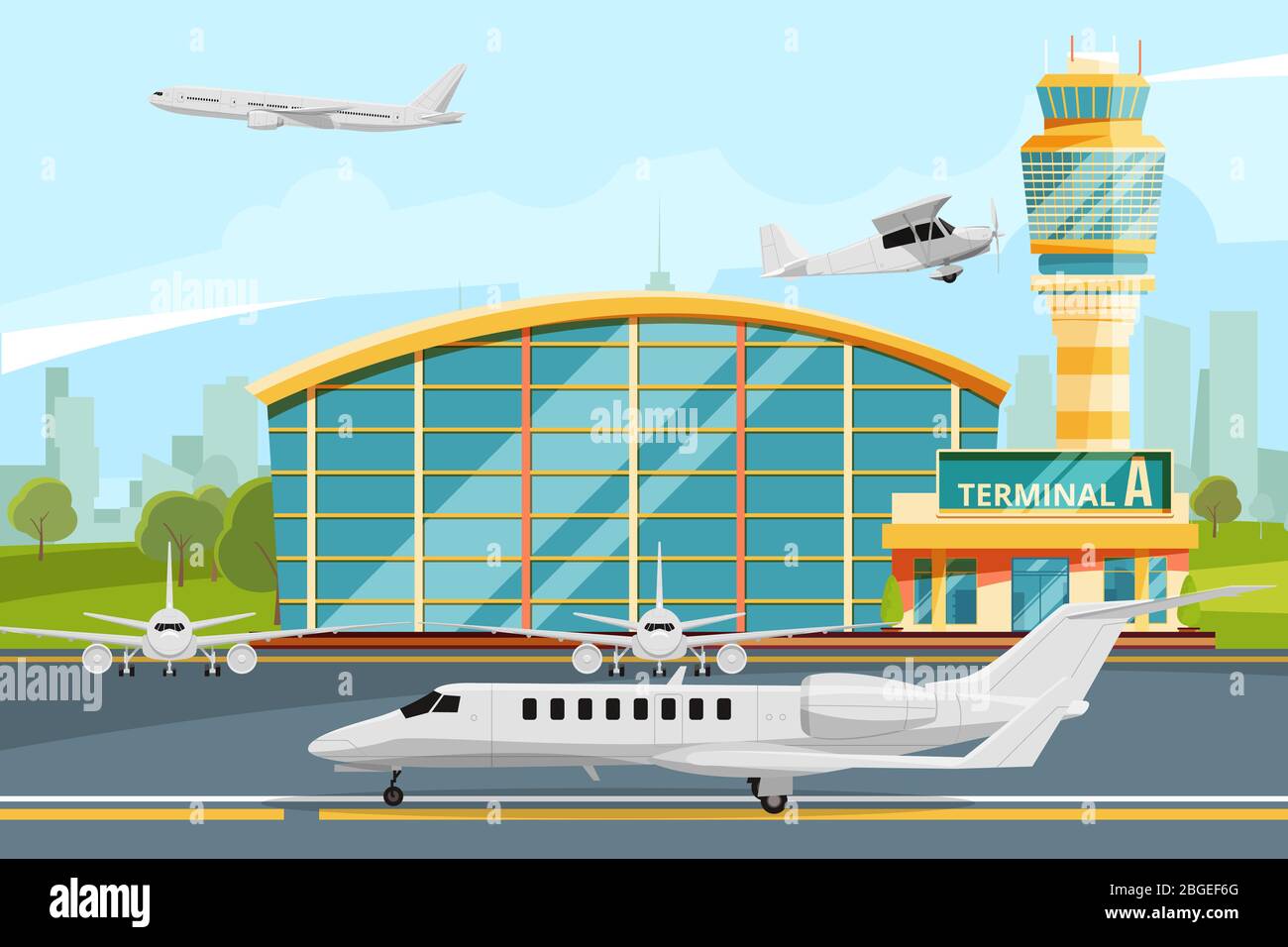 Edificio moderno del terminal aeroportuale con torre di controllo. Pista con aerei Illustrazione Vettoriale
