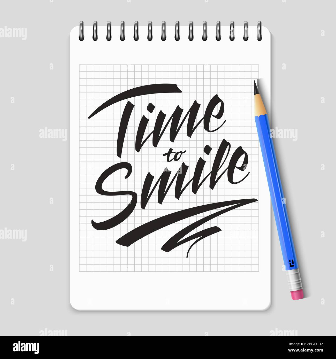 È il momento di sorridere lettere vettoriali su una pagina realistica notebook. Il sorriso di tempo che si inscritta calligraphy l'illustrazione Illustrazione Vettoriale