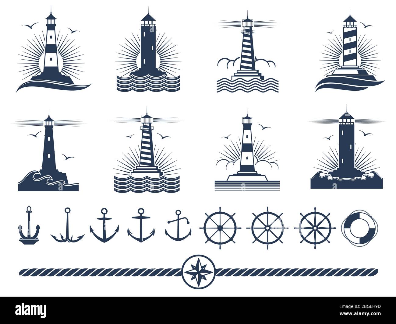 Logo nautici ed elementi set - ancoraggi fari corda. Illustrazione vettoriale Illustrazione Vettoriale