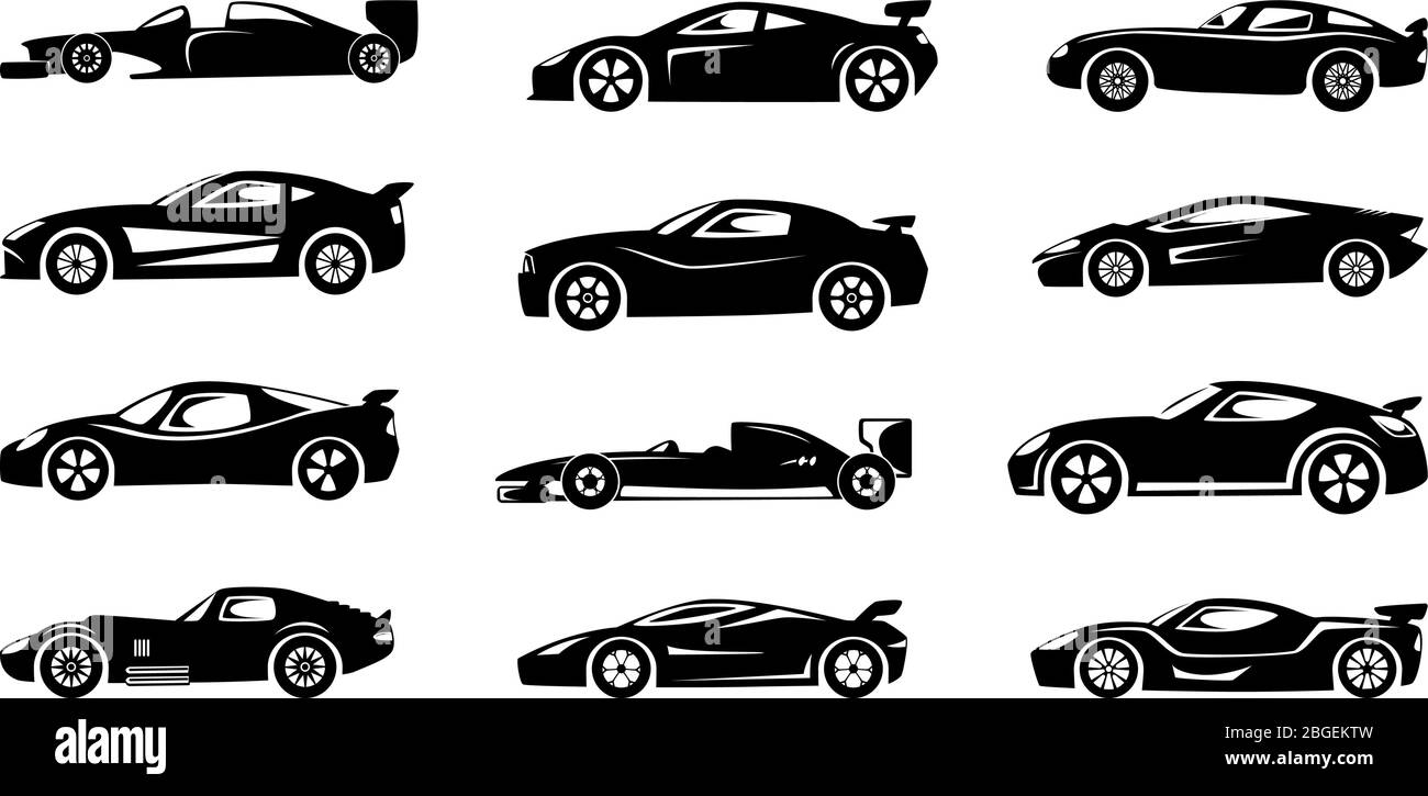 Silhouette nera delle auto da corsa. Simboli sportivi isolati Illustrazione Vettoriale