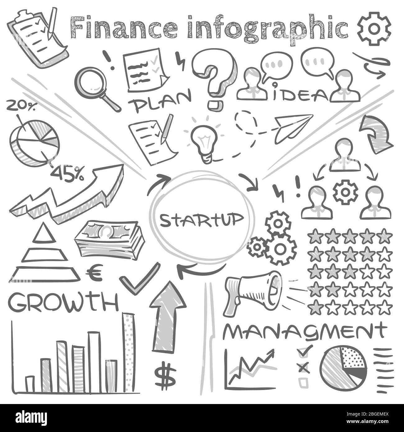 Infografica dei vettori finanziari disegnata a mano con grafici a dodle e diagrammi di schizzo. Grafico finanziario e diagramma doodle schizzo, infografica freccia disegno Illustrazione Vettoriale