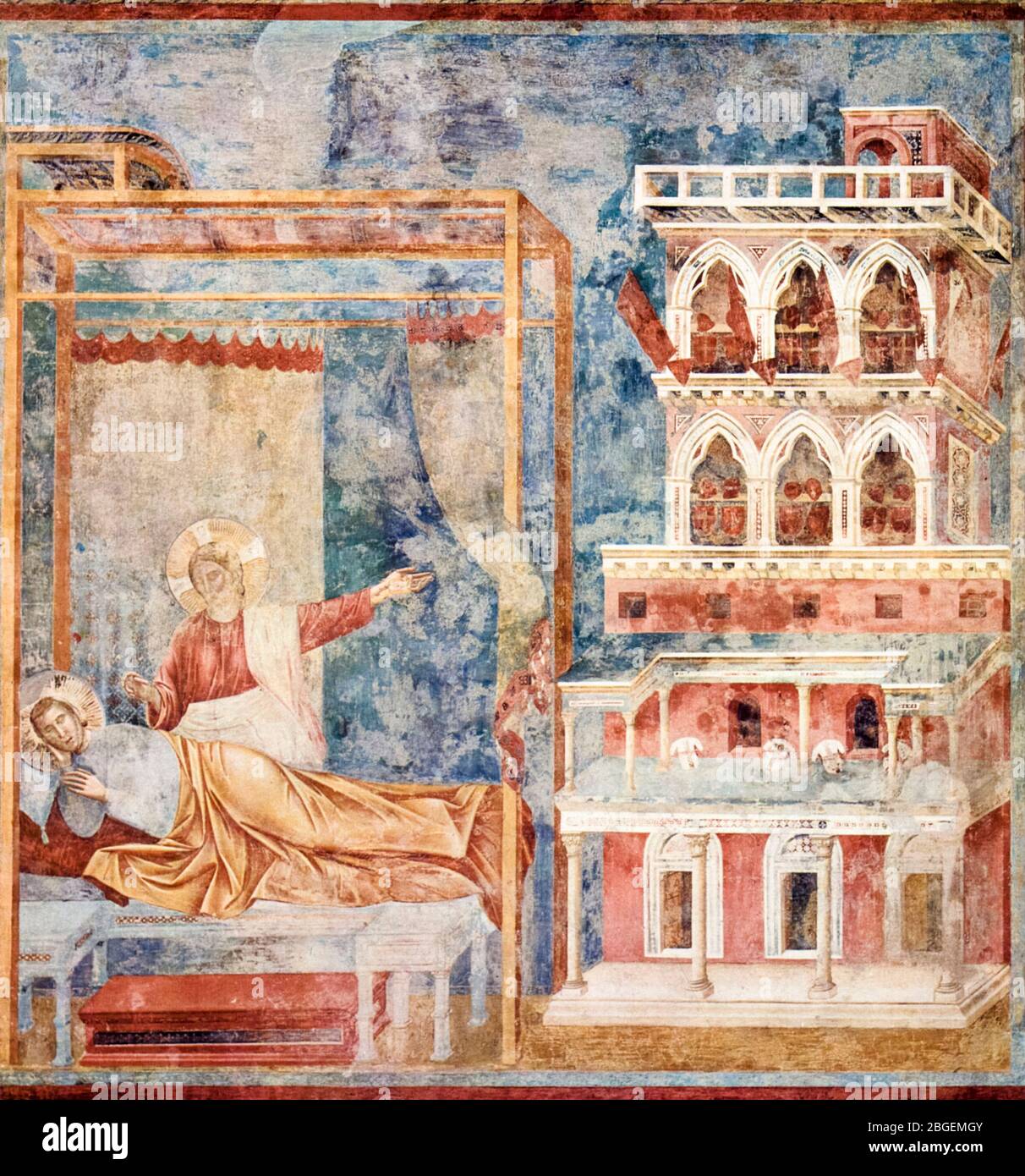 Giotto di Bondone, Cristo appare a San Francesco d'Assisi in un sogno, (il sogno di cavalleria), 1296-1298 Foto Stock