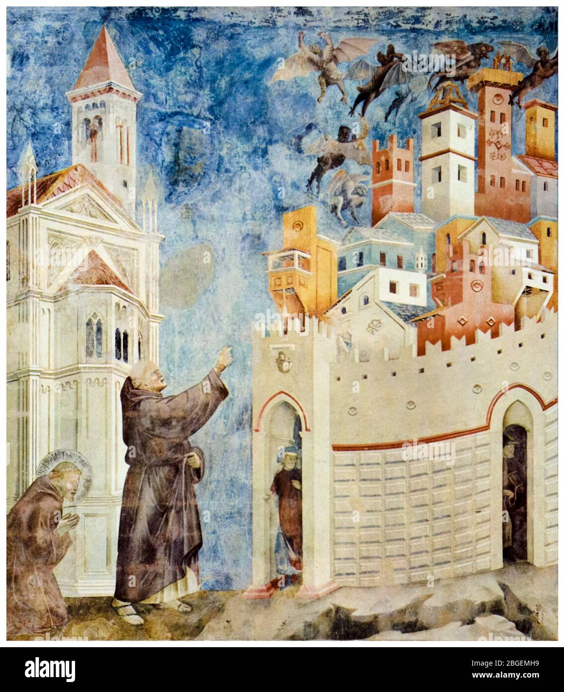 Giotto di Bondone, leggenda di San Francesco d'Assisi: Esorcismo dei demoni ad Arezzo, affresco, 1296-1298 Foto Stock