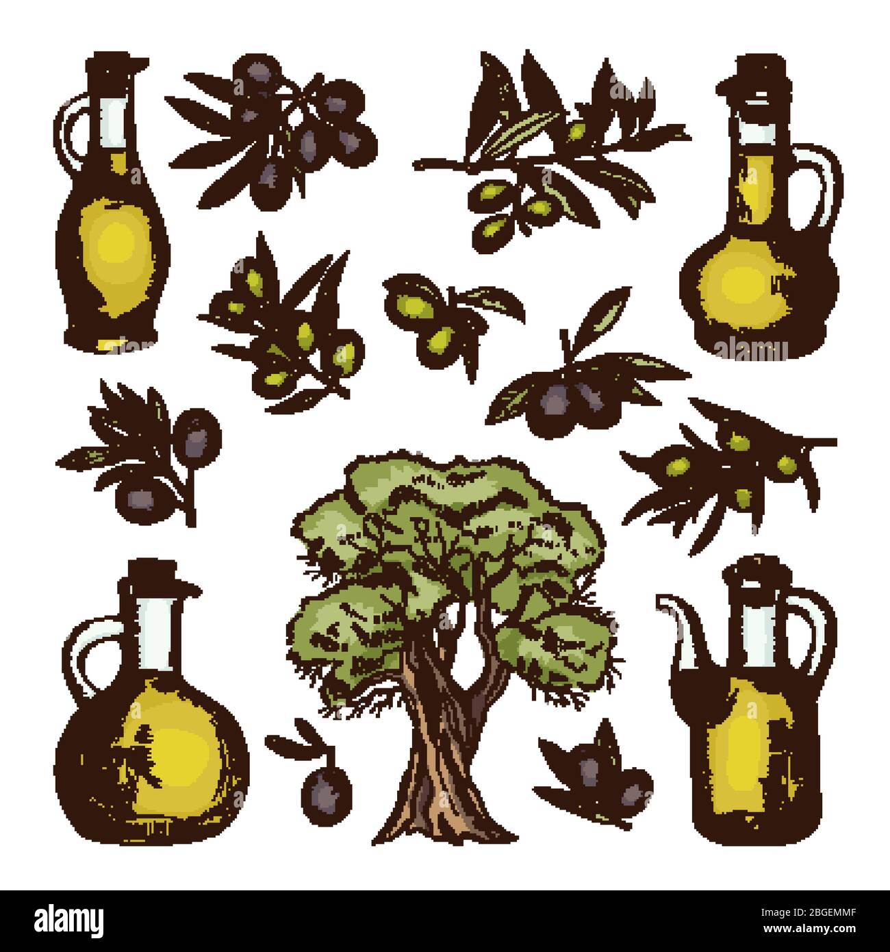 Illustrazioni colorate di diversi prodotti e ingredienti di oliva. Immagini vettoriali disegnate a mano isolate Illustrazione Vettoriale