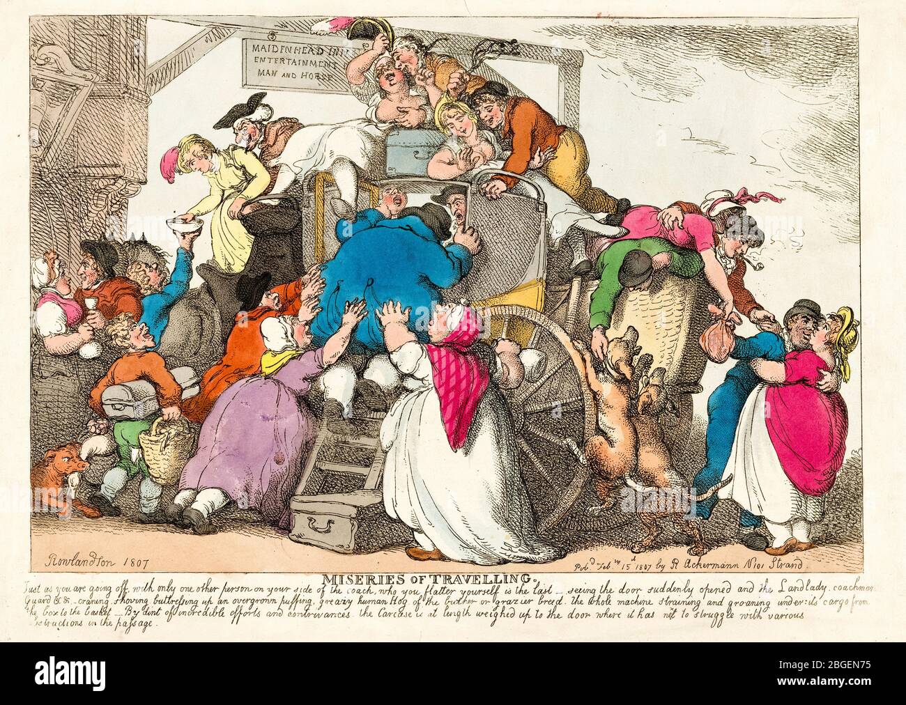 Miserie di viaggio, il pullman sovraccarico, incisione di Thomas Rowlandson, 1807 Foto Stock