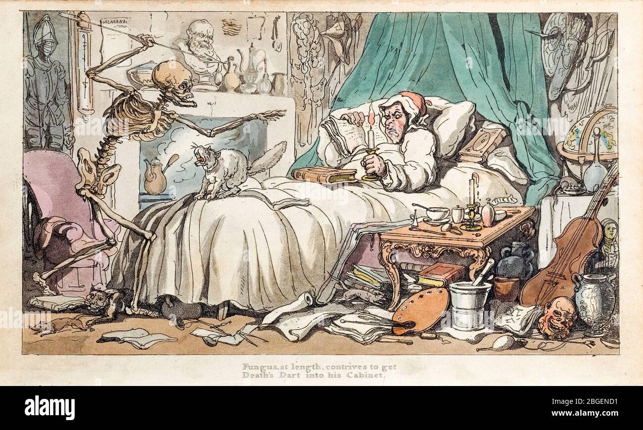 Thomas Rowlandson, l'ultima volontà e il Testamento dell'Antiquario, (Skeleton of Death), Etching, 1816 Foto Stock