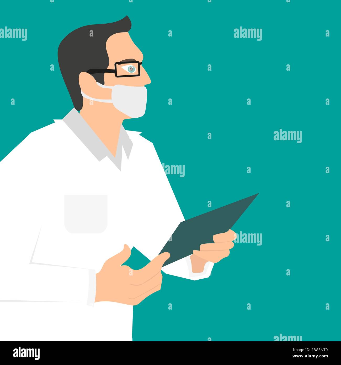 Il medico nella maschera su sfondo verde. Il medico tiene una cartella nelle sue mani. Illustrazione vettoriale Illustrazione Vettoriale