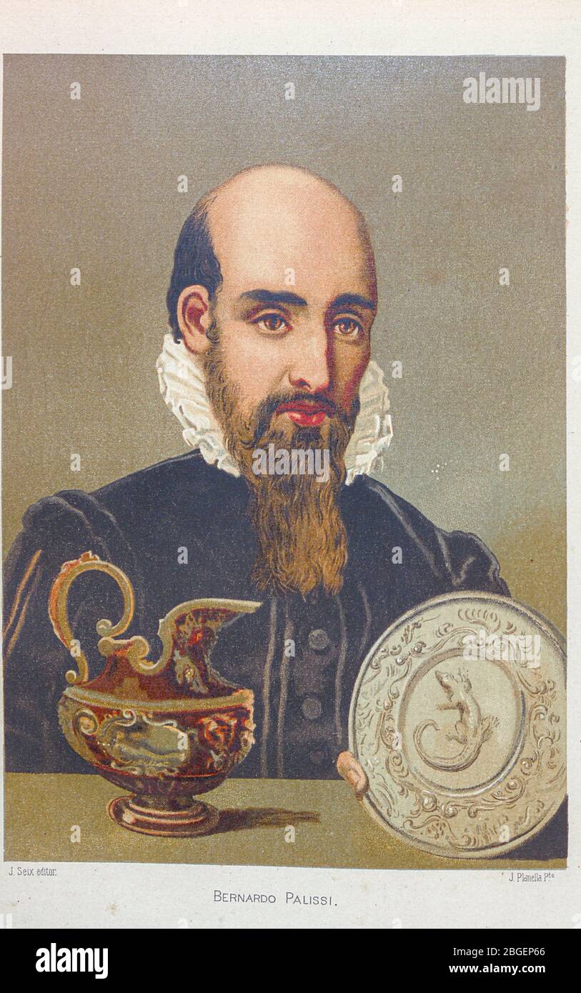 Bernard Palissy (c.. 1510 – c.. 1589) fu un vasaio, ingegnere idraulico e artigiano francese Huguenot, Palissy è noto per i suoi contributi alle scienze naturali ed è famoso per la scoperta dei principi di geologia, idrologia e formazione fossile. Come protestante, Palissy fu imprigionato per la sua fede durante le tumultuose guerre francesi di religione e condannato a morte. Morì di cattivo trattamento nella Bastiglia nel 1589. Dal libro la ciencia y sus hombres : vidas de los sabios ilustres desde la antigüedad hasta el siglo XIX T. 2 [Scienza e suoi uomini: La vita dei saggi illustri da a Foto Stock
