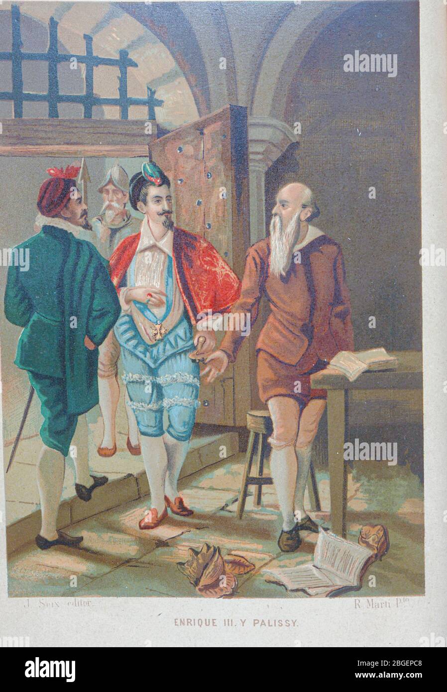 Enrico III [Enrique III] offre di perdonare Palissy se recita dal libro la ciencia y sus hombres : vidas de los sabios ilustres desde la antigüedad hasta el siglo XIX T. 2 [Scienza e suoi uomini: Vive dei saggi illustri dall'antichità al secolo XIX Vol 2] di Figuier, Louis, (1819-1894); Casabó y Pagés, Pelegrín, n. 1831 pubblicato a Barcellona da D. Jaime Seix, editore , 1879 (Imprenta de Baseda y Giró) Foto Stock