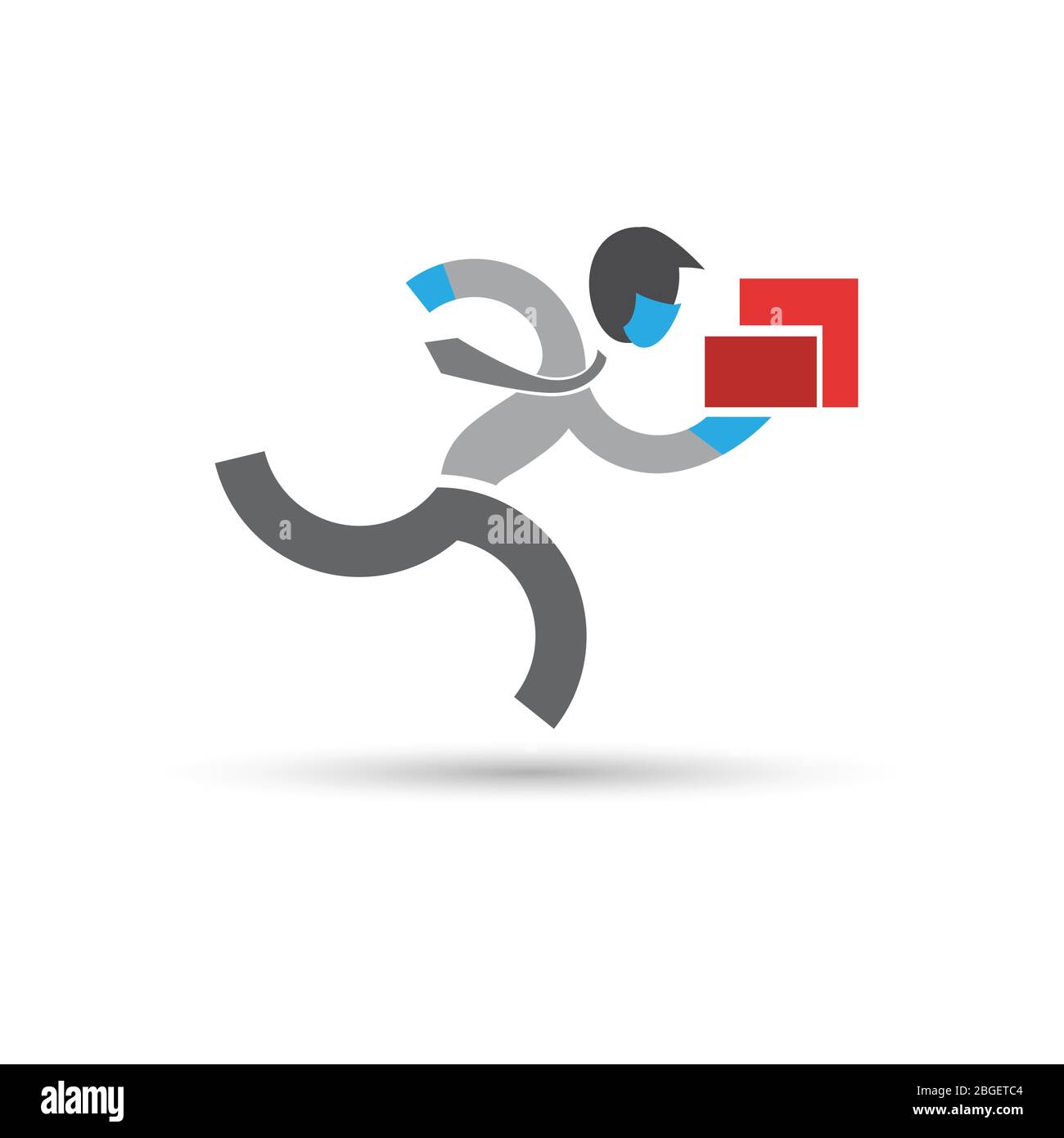 Vendite online e consegna a domicilio. Vettore, uomo corsa dare un regalo. Consegna pacchi, servizio rapido. Illustrazione Vettoriale