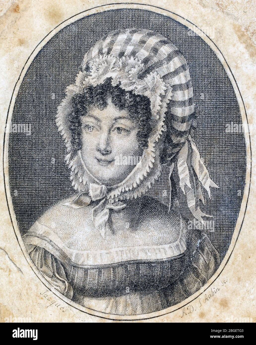 Capo di una donna con un Bonnet a righe, incisione di Saint-Aubin (francese, 1736-1807) Foto Stock