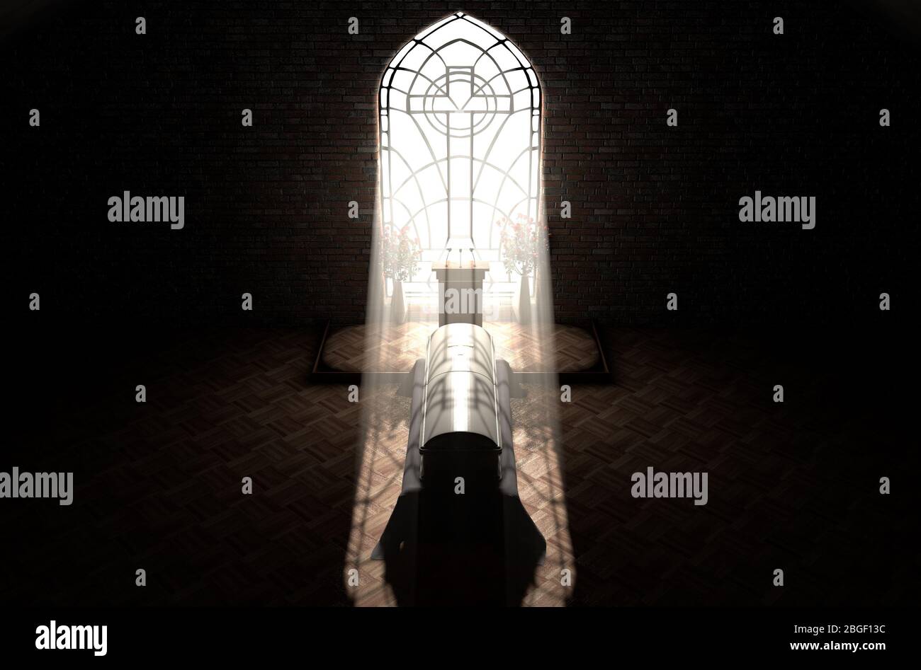 Un interno scuro chiesa illuminato da raggi solari che penetrano attraverso una finestra di vetro su un pulpito e chiuso bara - 3D rendere Foto Stock