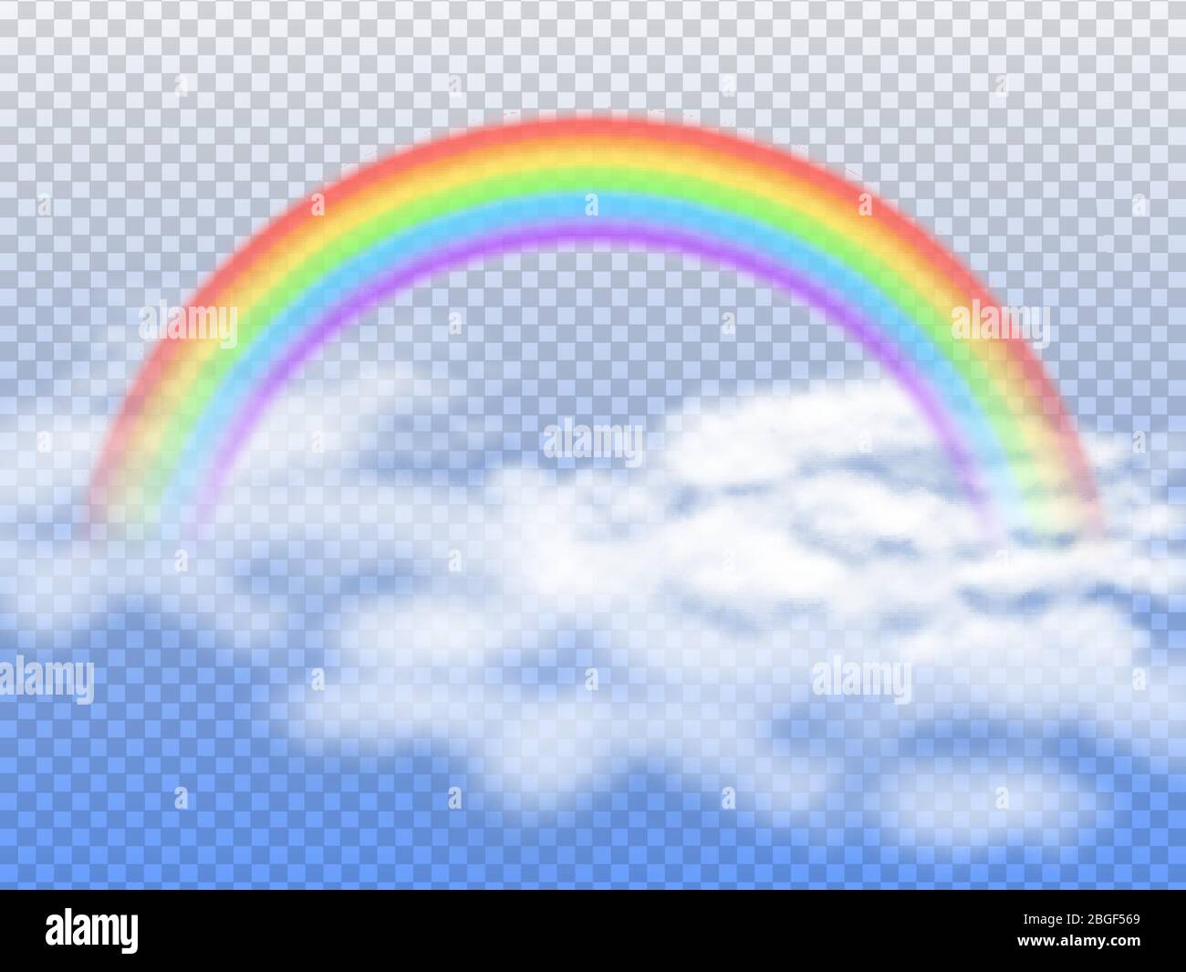 Arco arcobaleno con nuvole bianche in cielo blu immagine vettoriale 3d. Arcobaleno nel cielo dopo la pioggia, curva colorata spettro Illustrazione Vettoriale