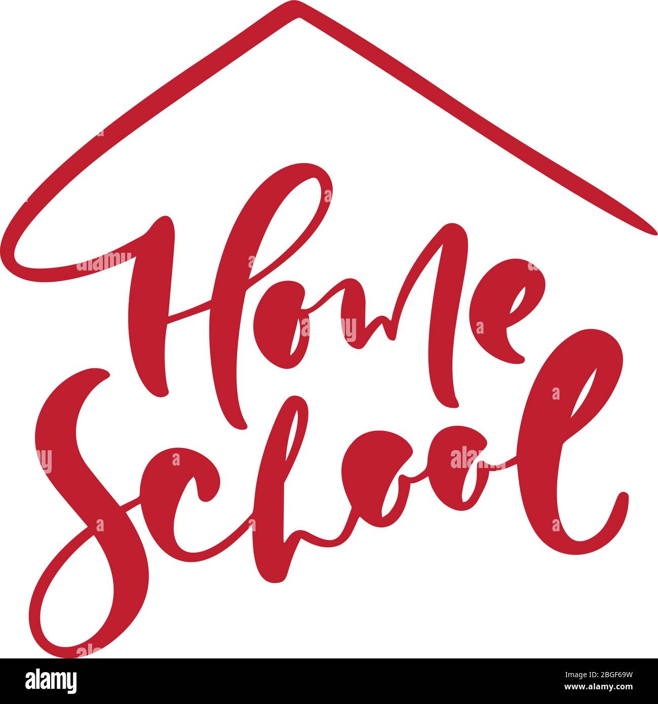 Logo rosso di scuola domestica. Vector Home Scuola calligrafia testo e casa icona. Per studiare a casa online. Illustrazione emblema di Illustrazione Vettoriale