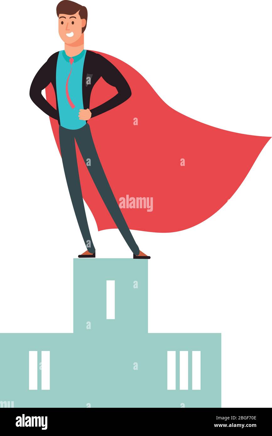 Vincitore del concorso aziendale. Uomo super eroe in piedi sul podio illustrazione vettoriale. Uomo vincitore nel mondo degli affari, successo eroe sul podio Illustrazione Vettoriale