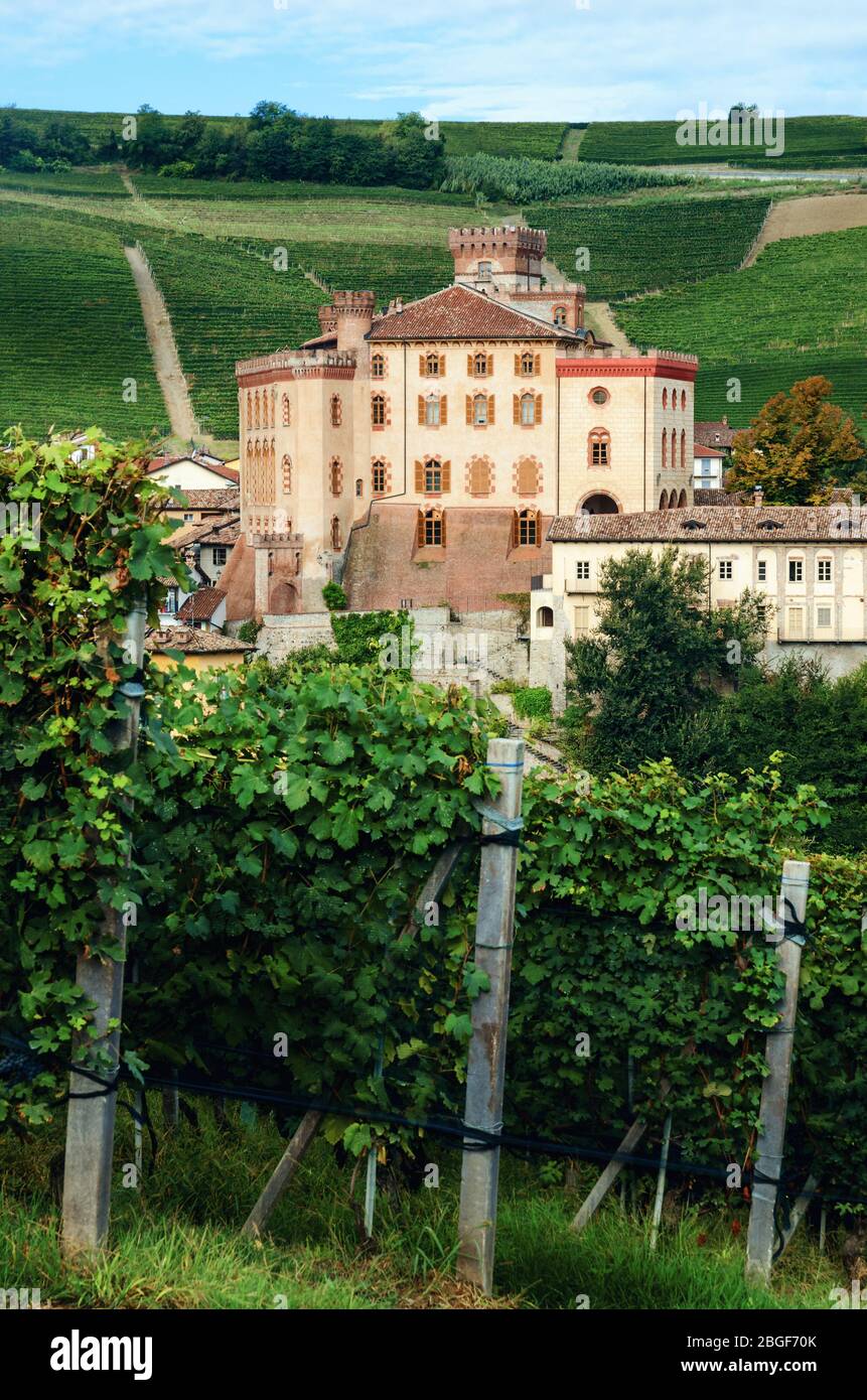 Panorama del Barolo (Piemonte, Italia) con la città, il castello medievale e i vigneti. Barolo è il principale paese del distretto vinicolo delle Langhe Foto Stock